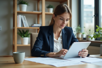 Femme professionnelle en bureau moderne avec documents