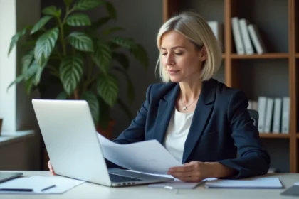 Femme en bureau lisant des documents et travaillant