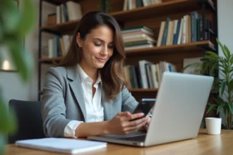 Femme d affaires vérifiant ses alertes stock sur smartphone dans un bureau lumineux