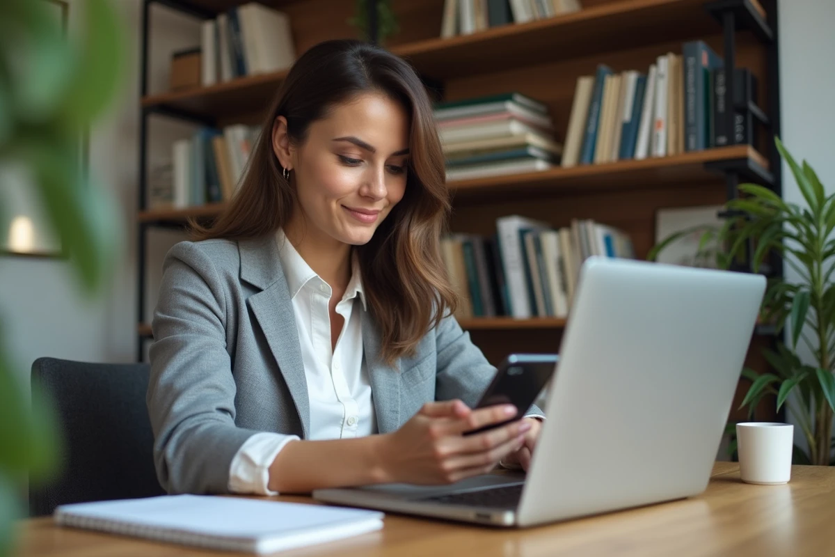 Femme d affaires vérifiant ses alertes stock sur smartphone dans un bureau lumineux