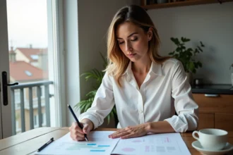 Femme d'affaires dans sa cuisine moderne en train de lire des documents