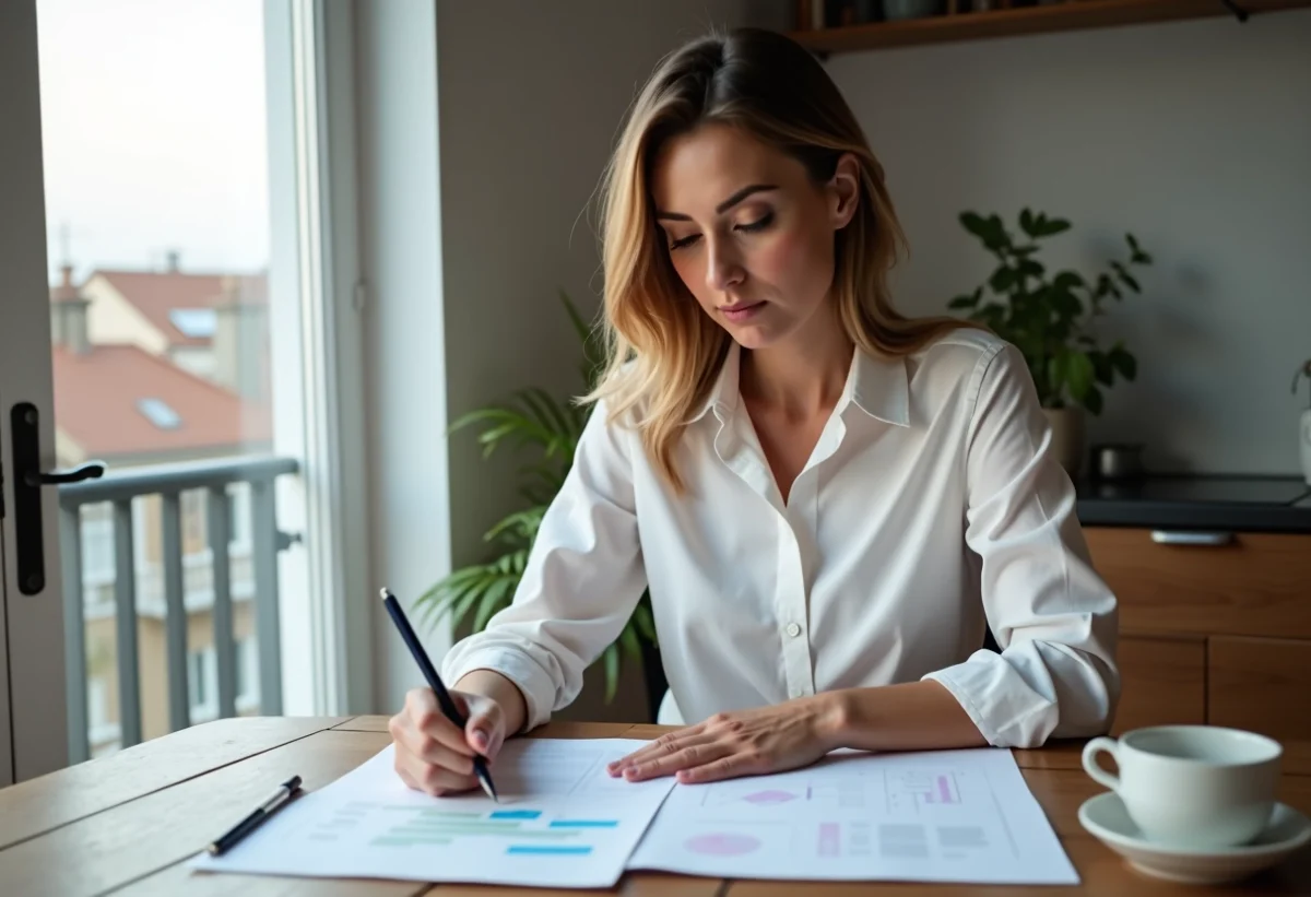 Femme d'affaires dans sa cuisine moderne en train de lire des documents