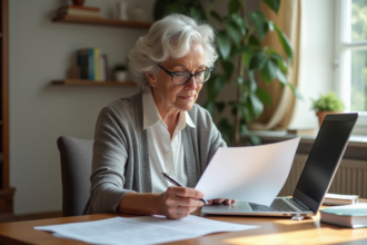 Femme d'âge moyen au bureau avec ordinateur et documents