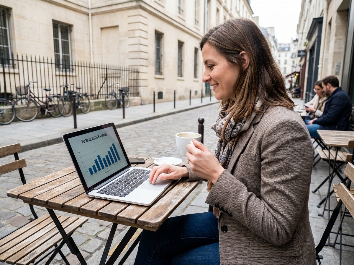 Femme détendue au café regardant un graphique immobilier