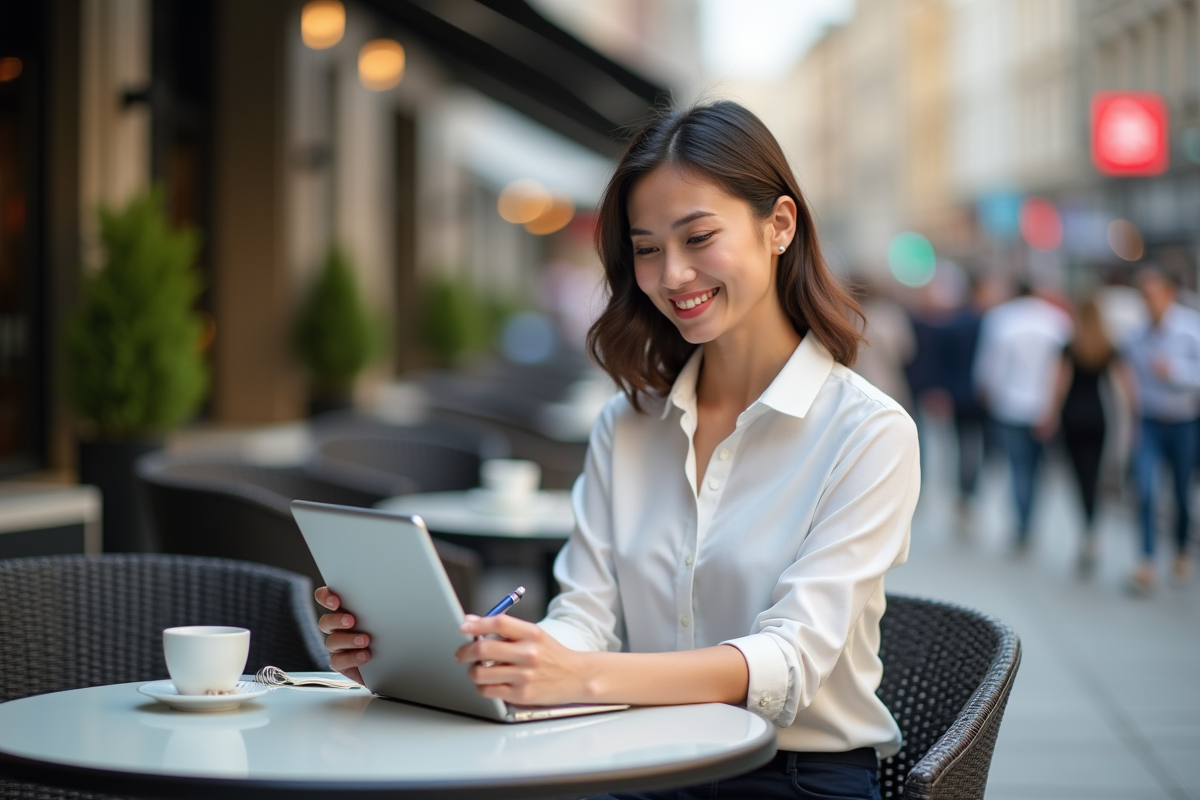 Femme souriante utilisant une tablette dans un café en ville