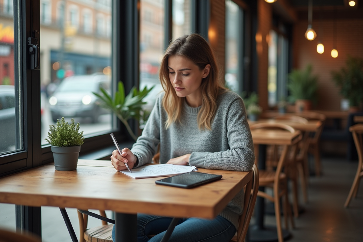 Femme assise dans un café utilisant une tablette et un carnet