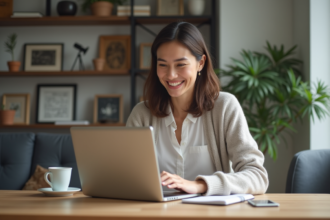 Femme souriante utilisant un ordinateur pour un prêt immobilier