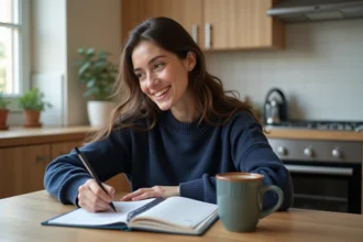 Jeune femme écrivant des calculs d intérêts dans une cuisine chaleureuse