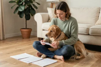 Femme assise sur le sol avec son golden retriever, consultant des documents d'assurance chien AG2R