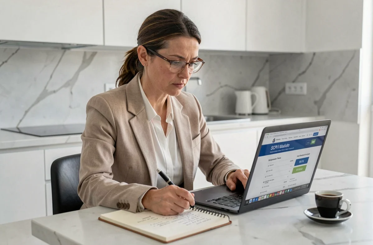 Femme comparant les frais de souscription de SCPI en assurance-vie sur un ordinateur portable à domicile