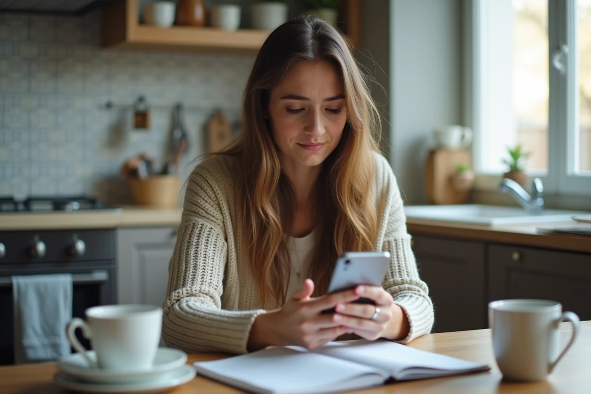 Jeune femme à la maison tente de résoudre un problème de connexion sur son smartphone