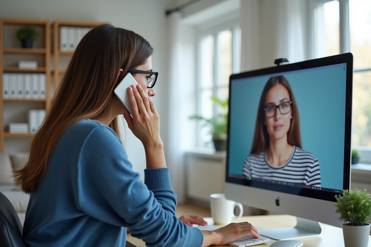 Femme au téléphone avec conseiller bancaire à domicile
