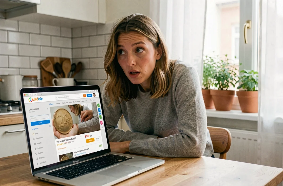 Femme consultant une annonce de pièce 2 euros JO 2026 sur un site de vente en ligne depuis son appartement