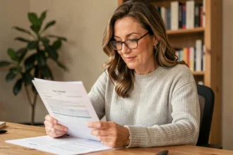Femme consultant des documents de mutuelle santé à son bureau à domicile