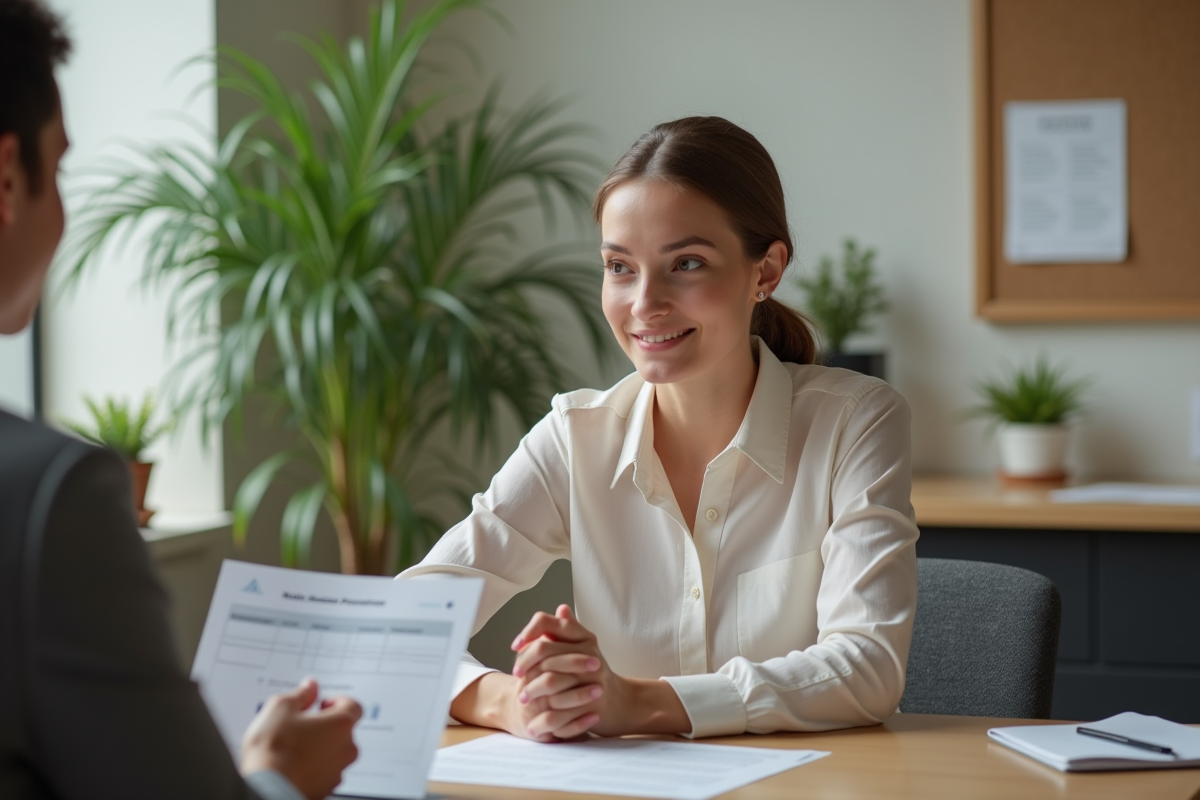 Jeune femme écoute un conseiller dans une agence bancaire