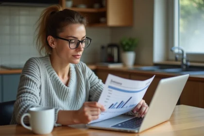 Femme consultant ses relevés bancaires CA56 sur ordinateur portable et document papier à une table en bois