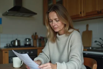 Femme consultant un courrier administratif sur le montant de son RSA à la table de sa cuisine