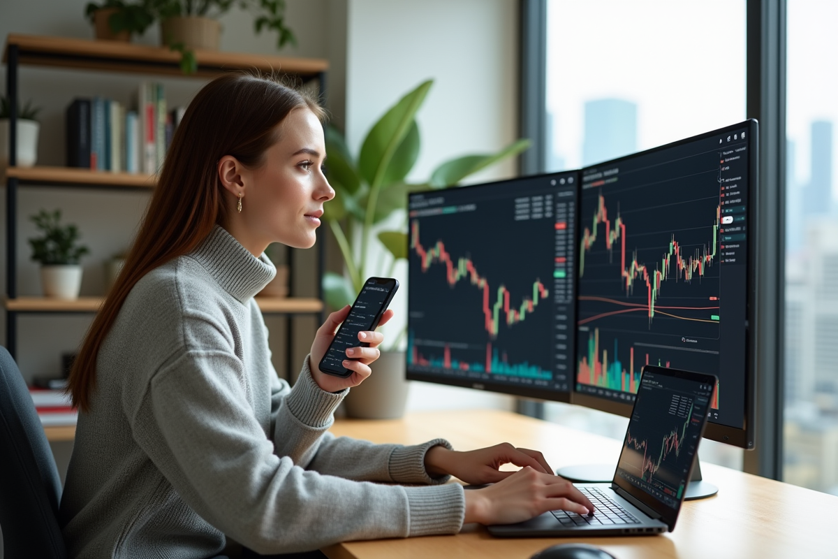 Jeune femme étudie des graphiques crypto sur son ordinateur