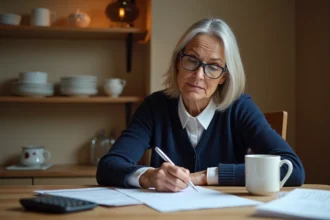 Femme remplissant le formulaire de déclaration d'impôts 2042 à la table de sa cuisine