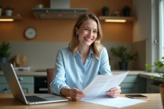 Femme consultant des documents de crédit sur une table en bois avec un ordinateur portable ouvert sur un site bancaire
