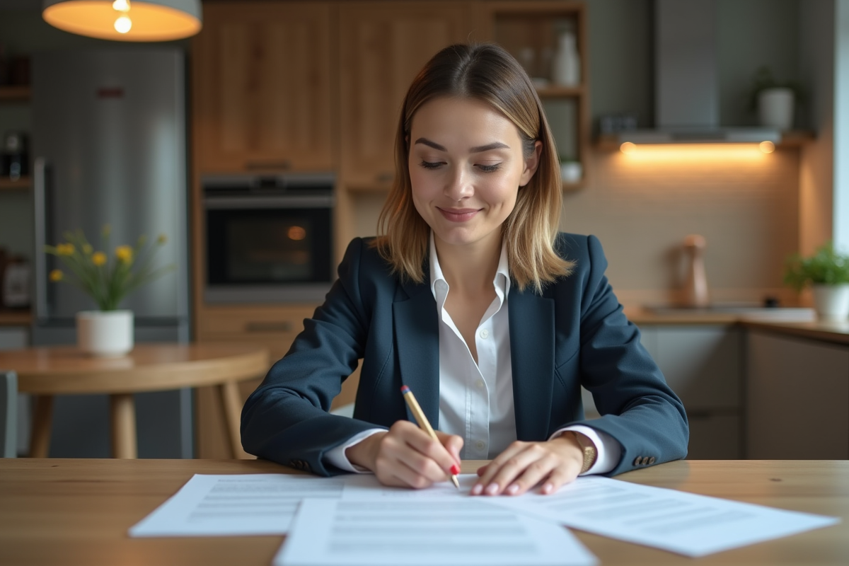 Femme en blazer relisant des documents à la maison