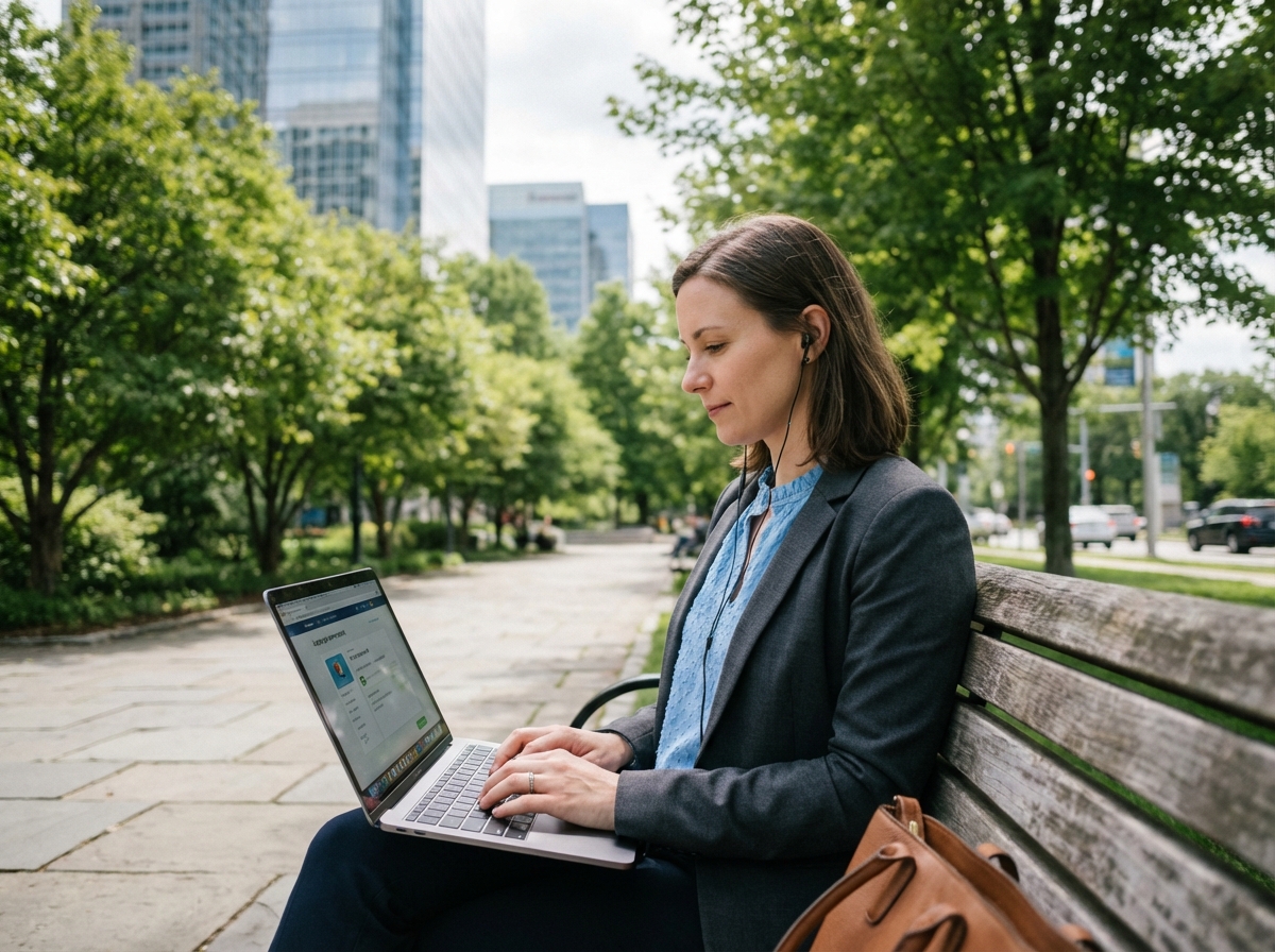 Femme exécutive pratiquant une langue dans un parc urbain