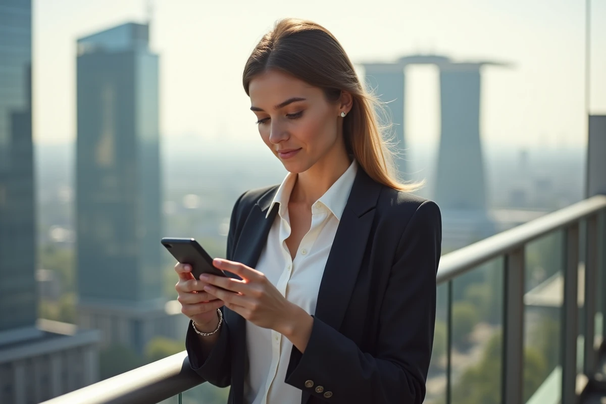 Jeune femme vérifiant une appli financière sur son smartphone