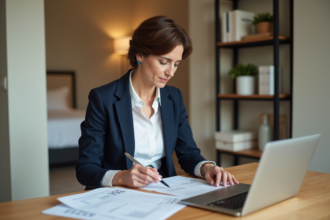 Femme d'âge moyen examinant des documents fiscaux à la maison