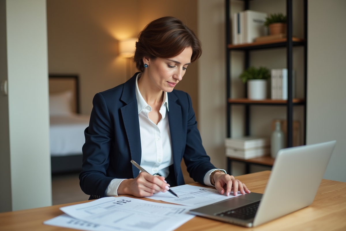 Femme d'âge moyen examinant des documents fiscaux à la maison