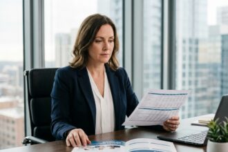 Femme professionnelle en blazer marine analysant des documents d'assurance santé et de gestion de patrimoine dans un bureau moderne