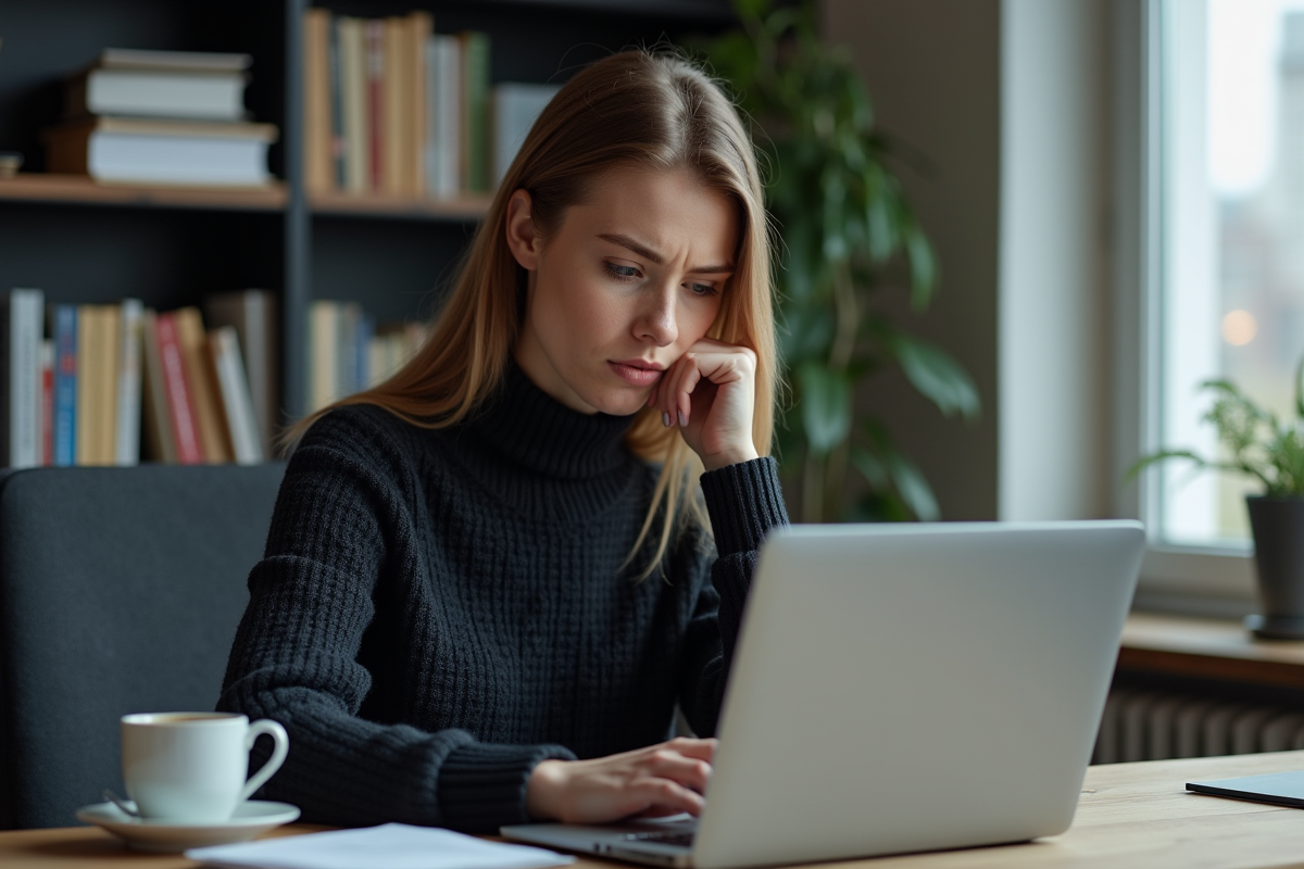 Femme regarde un graphique de dividendes en baisse dans un bureau à domicile
