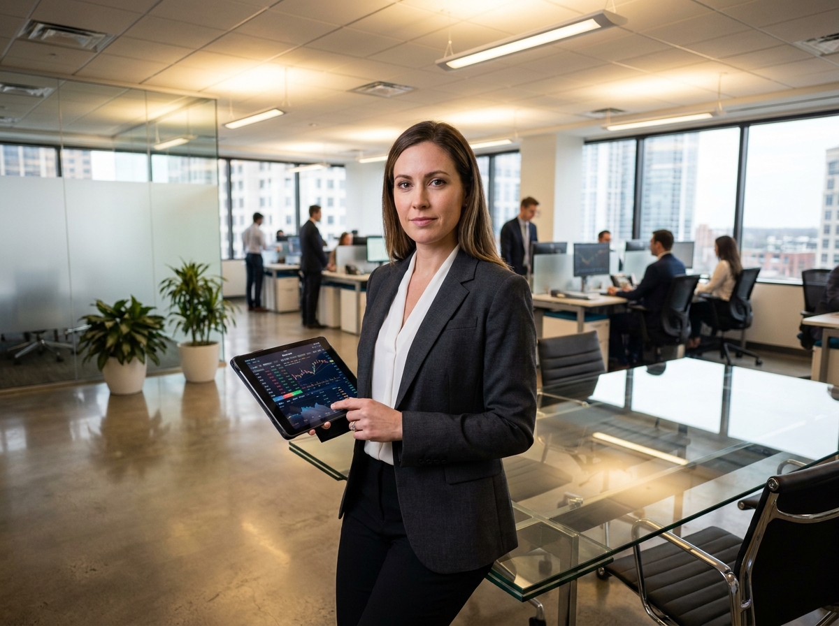 Femme investisseuse utilisant une tablette avec une interface de trading dans un bureau financier professionnel