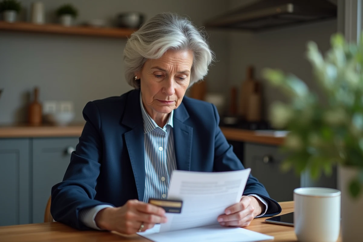 Femme d'âge moyen examine une carte bancaire et une lettre