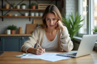 Femme concentrée lisant des papiers à la maison