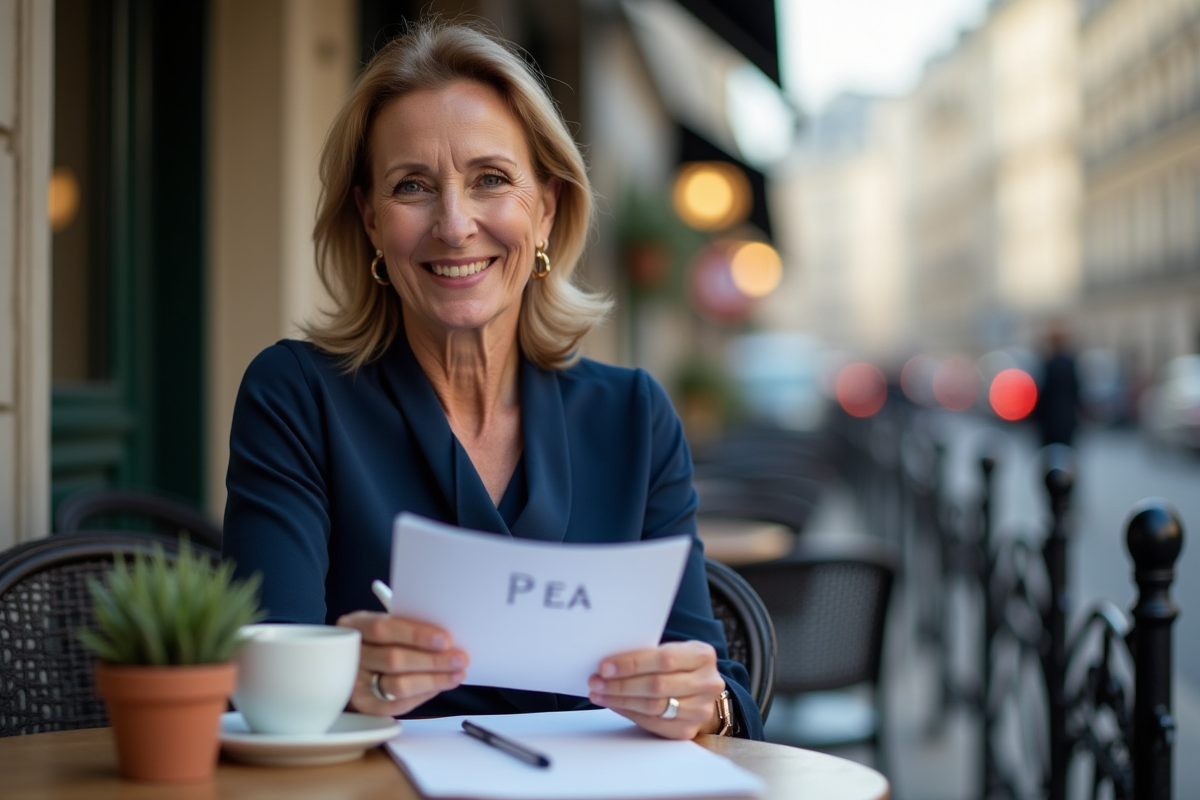 Femme souriante lisant document PEA en extérieur