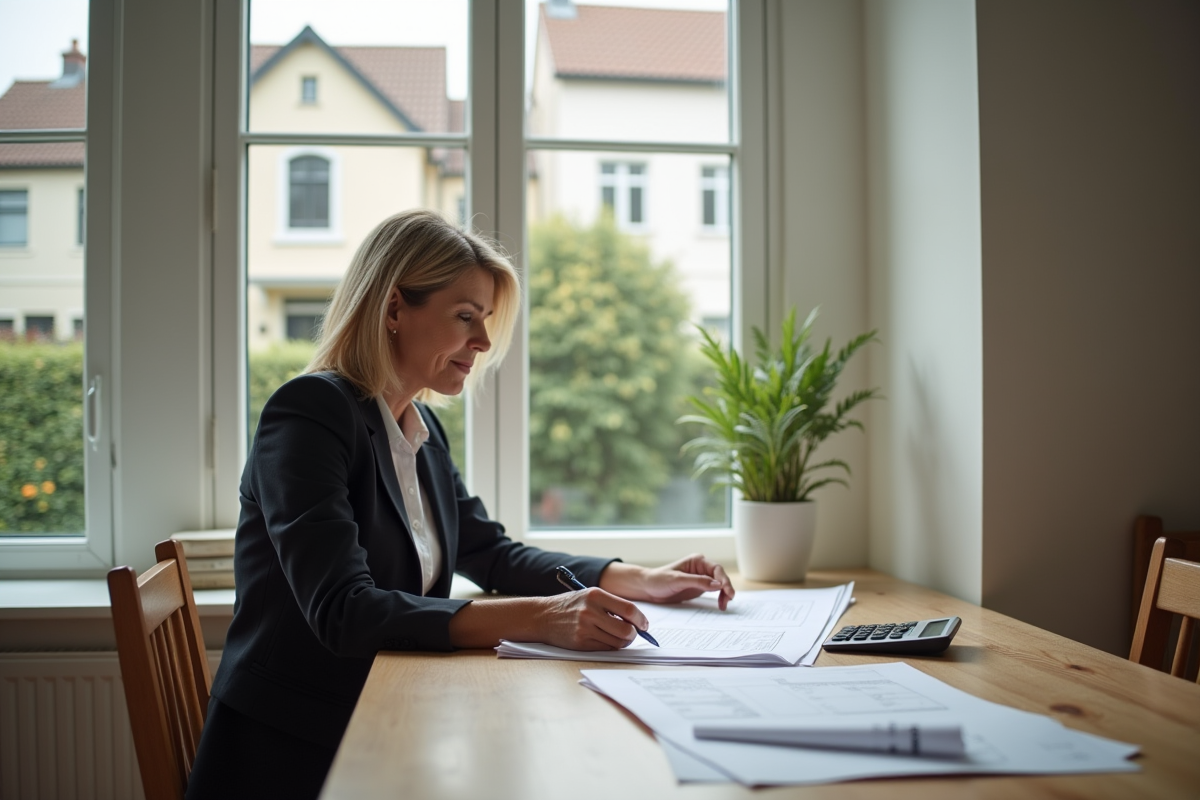 Femme d affaires examinant des plans de maison