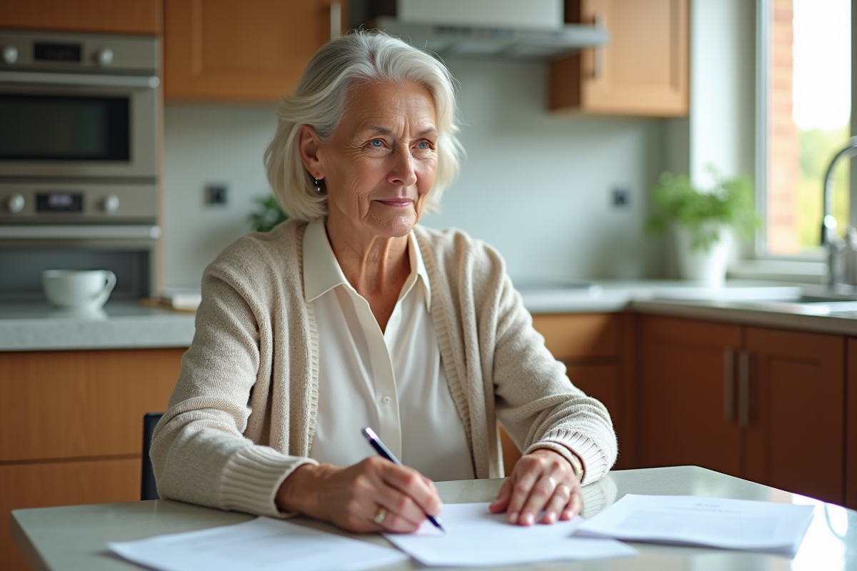 Femme d'âge moyen lisant des papiers dans une cuisine lumineuse