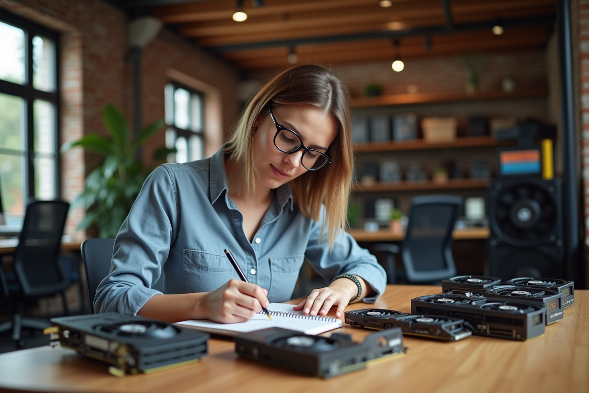 Femme examinant du matériel de minage dans un espace coworking