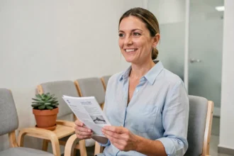 Femme souriante dans une salle d'attente de clinique dentaire tenant une brochure de mutuelle santé