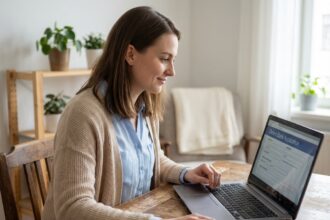 Jeune femme au domicile remplit un formulaire bancaire