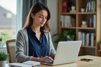Femme faisant un paiement en ligne dans son bureau lumineux