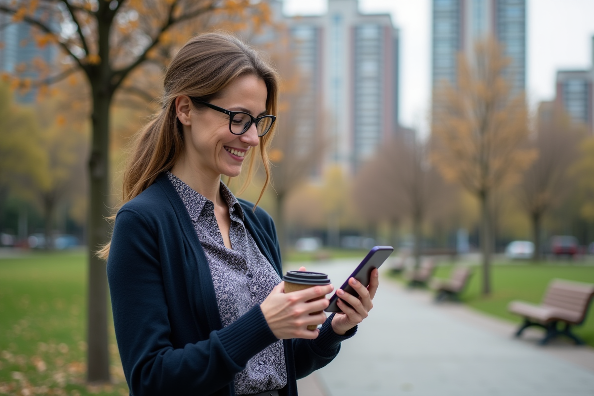 Femme souriante vérifiant son application bancaire dans un parc