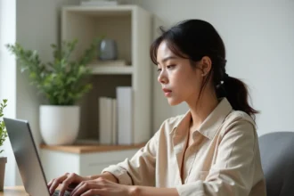 Femme consultant une offre de prêt en ligne sur un ordinateur portable dans un bureau à domicile