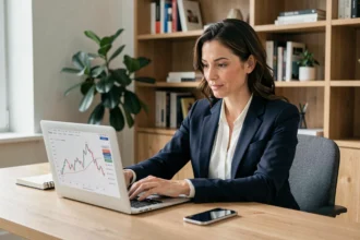 Femme professionnelle consultant des graphiques boursiers sur un ordinateur portable dans un bureau à domicile moderne