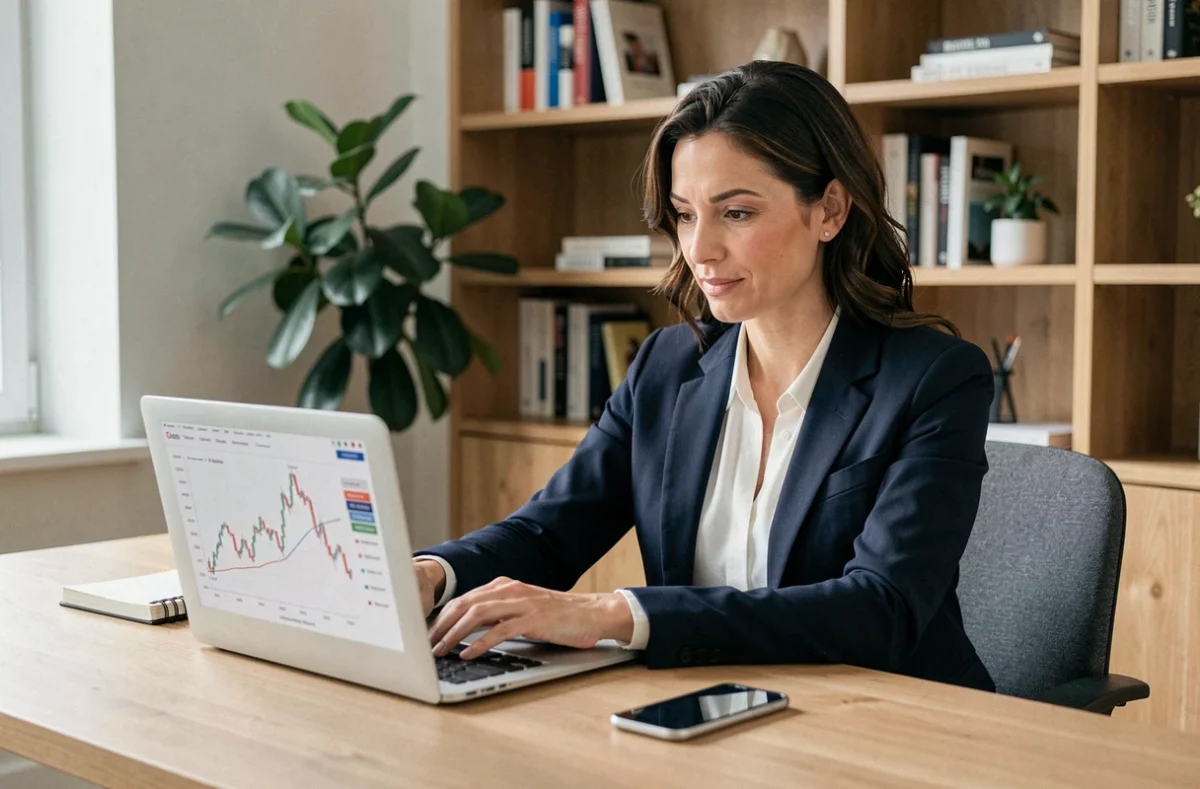 Femme professionnelle consultant des graphiques boursiers sur un ordinateur portable dans un bureau à domicile moderne