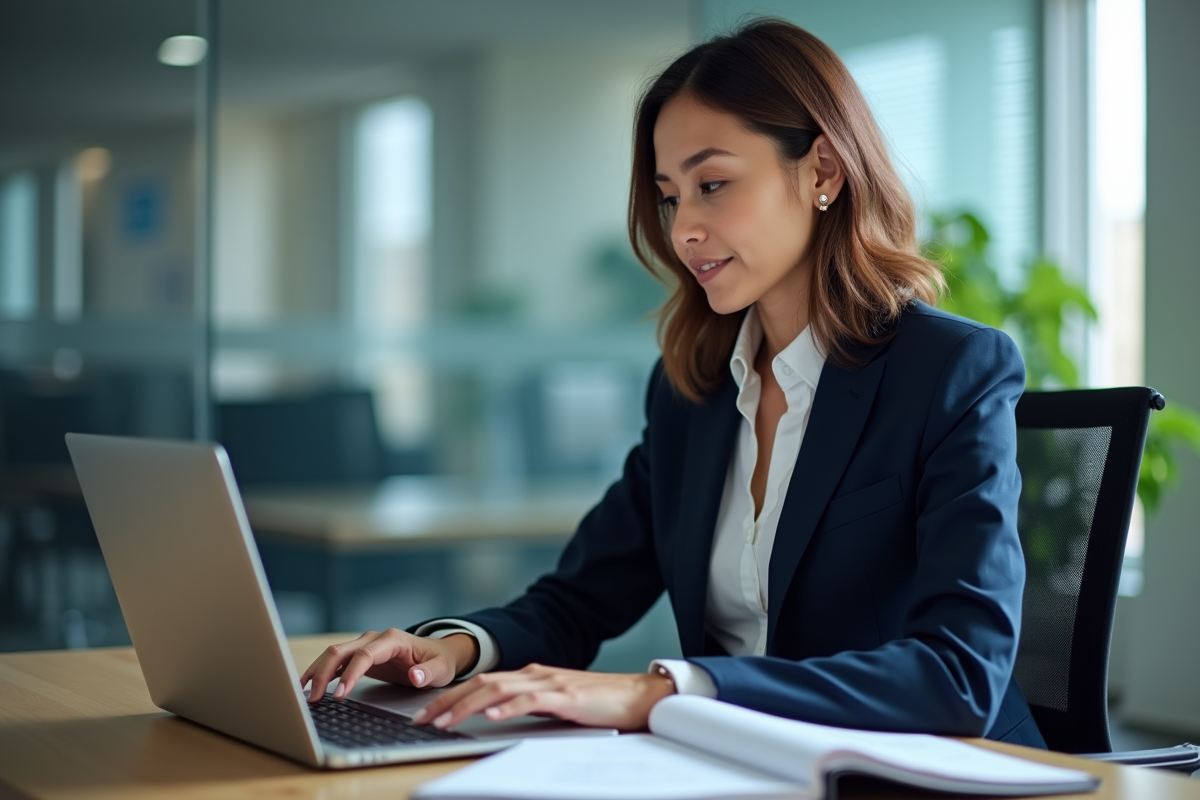 Femme professionnelle en blazer bleu travaillant sur formule DAX