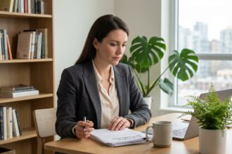 Femme professionnelle lisant des documents de prêt immobilier