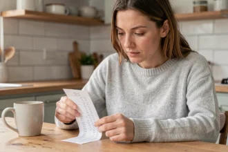 Femme consultant un reçu FDJ à la maison pour retrouver ses codes Loto imprimés