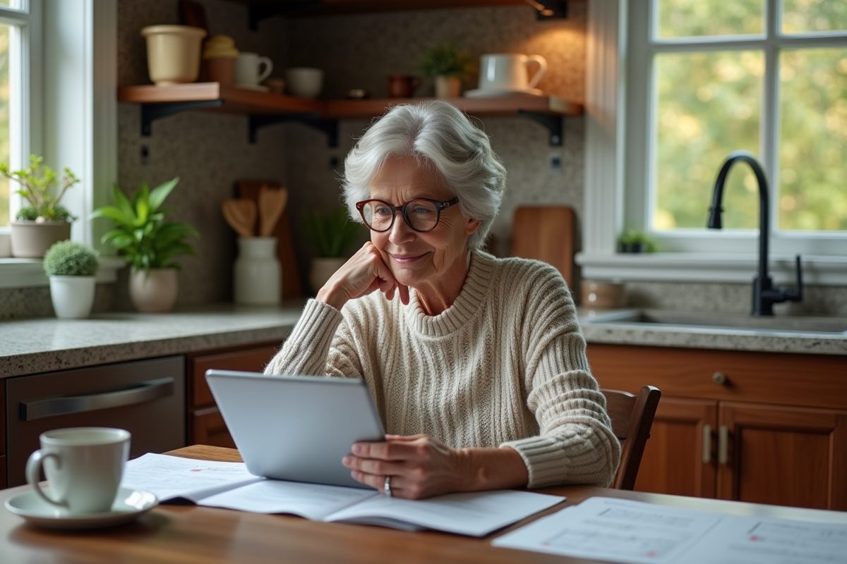Femme retraitée réfléchissant à la planification dans la cuisine
