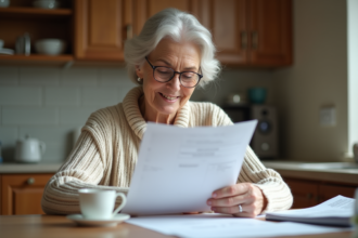 Femme d'une soixantaine d'années lisant ses papiers de retraite